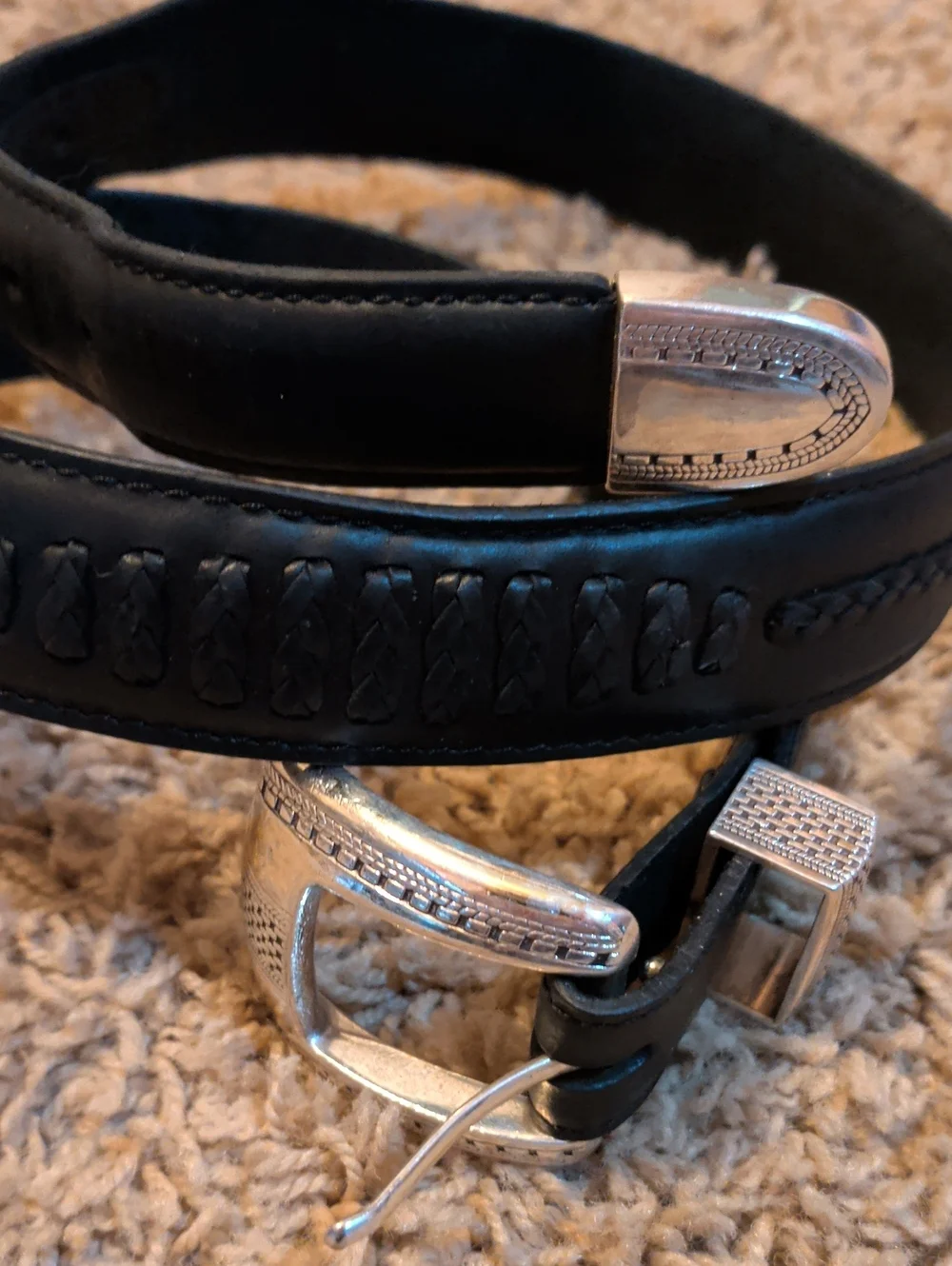 Brighton Woman's Black Leather Western-Inspired Belt Embossed Braiding Size 32
